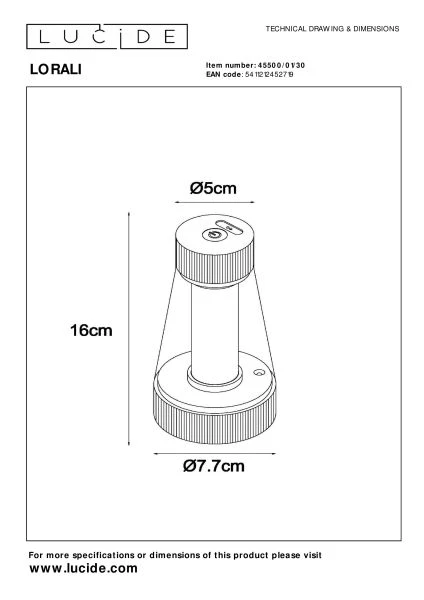 Lucide LORALI - Lámpara de mesa Recargable Dentro/Fuera - Batería/acumulador - Ø 7,7 cm - LED Regul. - 1x1,2W 2600K/3000K - IP44 - Negro - técnico